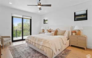 main Bedroom with ceiling fan, light hardwood / wood-style flooring, and access to exterior