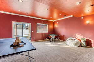 Interior space with a textured ceiling, crown molding, and carpet floors