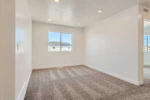 Empty room featuring carpet flooring and a textured ceiling