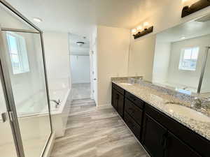 Bathroom with wood-type flooring, vanity, a textured ceiling, and plus walk in shower