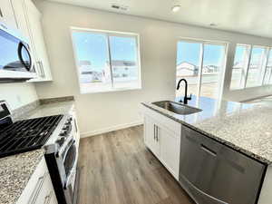 Kitchen with hardwood / wood-style floors, appliances with stainless steel finishes, light stone countertops, sink, and white cabinetry