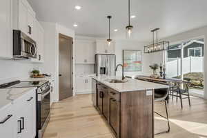 Kitchen with sink, white cabinetry, an island with sink, pendant lighting, and appliances with stainless steel finishes