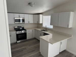 Kitchen featuring stainless steel appliances, sink, white cabinetry, kitchen peninsula, and dark wood-type flooring