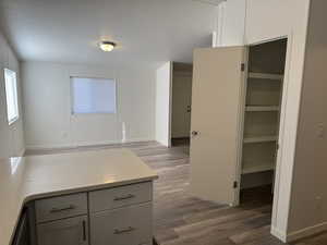 Kitchen with dark hardwood / wood-style flooring