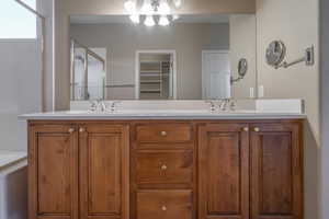 Bathroom featuring walk in shower and vanity