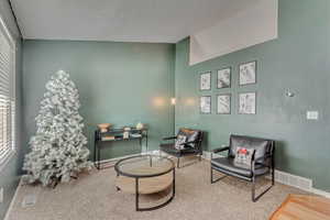 Living area featuring lofted ceiling, hardwood / wood-style floors, and a healthy amount of sunlight