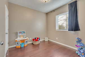 Playroom with hardwood / wood-style floors