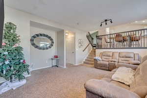 Living room with track lighting and carpet flooring