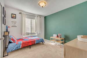 Bedroom featuring light colored carpet