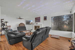 Living room featuring a fireplace, ceiling fan, and wood-type flooring