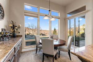 Dining area featuring a notable chandelier