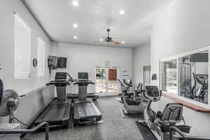 Gym with a high ceiling, ceiling fan, french doors, carpet flooring, and a textured ceiling