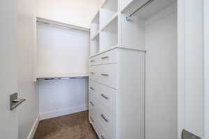 Walk in closet featuring dark colored carpet