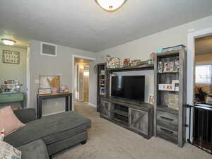 Carpeted living room with a textured ceiling