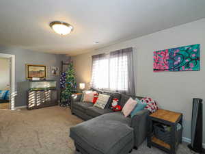 Carpeted living room with a textured ceiling