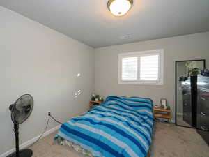 Carpeted bedroom with a textured ceiling