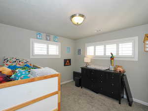 Bedroom with light carpet