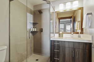 Bathroom featuring toilet, vanity, and a tile shower