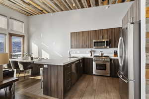 Kitchen featuring kitchen peninsula, sink, appliances with stainless steel finishes, and a kitchen breakfast bar