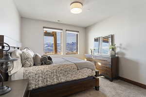 Carpeted bedroom featuring multiple windows