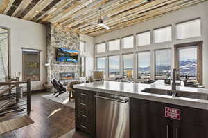 Kitchen featuring ceiling fan, stainless steel dishwasher, hardwood / wood-style flooring, a stone fireplace, and dark brown cabinets