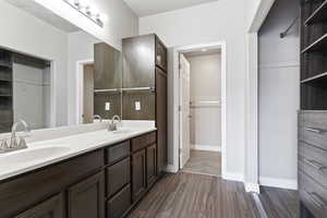 Bathroom with vanity and hardwood / wood-style floors