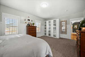 Bedroom with dark carpet and multiple windows