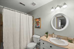 Bathroom with toilet, vanity, and a shower with shower curtain