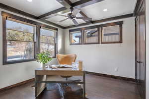 Home office featuring beam ceiling, dark hardwood / wood-style flooring, ceiling fan, and coffered ceiling