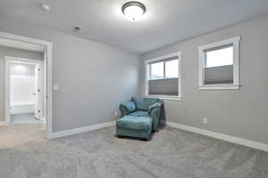 Living area with light colored carpet and a textured ceiling