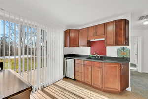 Kitchen with stainless steel dishwasher, light tile patterned floors, and sink