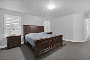 Carpeted bedroom featuring a textured ceiling