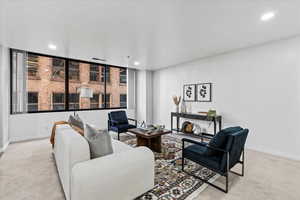 Living room featuring light colored carpet