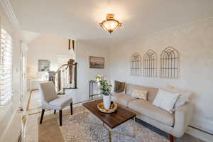 Living room featuring crown molding