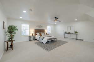 Bedroom with light carpet and ceiling fan