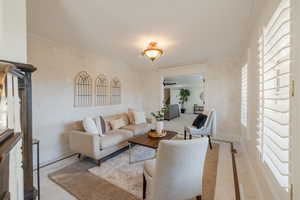 Living room with ceiling fan and ornamental molding