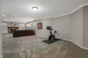 Workout area with a brick fireplace, light colored carpet, and ornamental molding