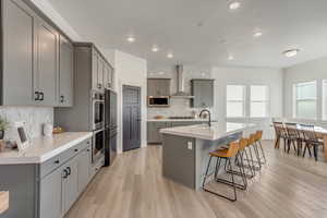 Kitchen with wall chimney exhaust hood, stainless steel appliances, light hardwood / wood-style floors, decorative backsplash, and gray cabinetry