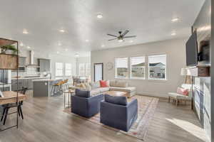 Living room featuring ceiling fan, light hardwood / wood-style flooring, and sink