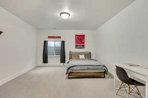 Carpeted bedroom with a textured ceiling