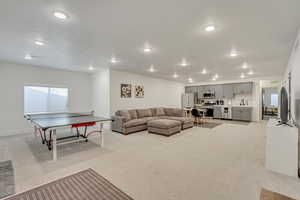 Living room with sink and light carpet