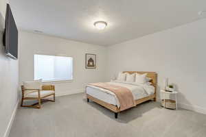 Carpeted bedroom with a textured ceiling