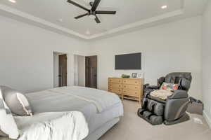 Carpeted bedroom featuring ceiling fan and a tray ceiling