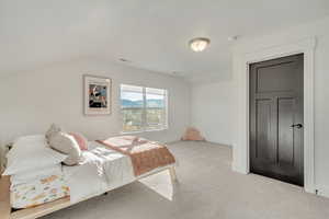 Bedroom with lofted ceiling and light colored carpet