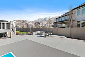 View of patio featuring a mountain view