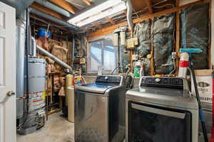 Washroom with washer and clothes dryer, water heater, and gas water heater