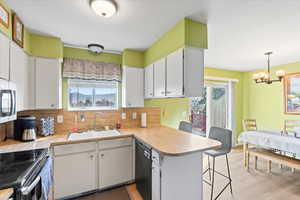 Kitchen featuring kitchen peninsula, black dishwasher, decorative light fixtures, white cabinets, and sink