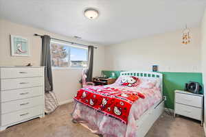 Carpeted bedroom with a textured ceiling