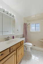 Bathroom featuring toilet, vanity, and curtained shower