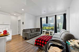 Living room with a fireplace and light wood-type flooring